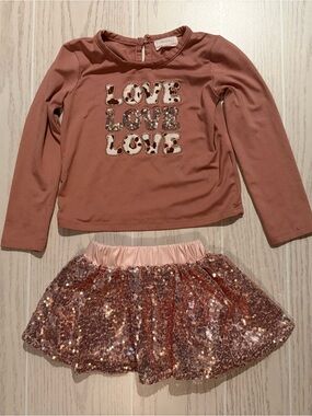 btween baby Girls 24M Pink Cow Print LOVE Sequin Skirt 2 Piece Outfit Set
